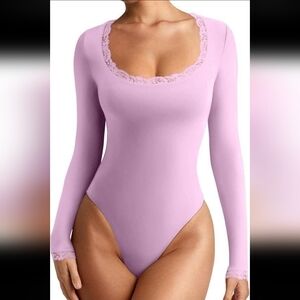 Women's Sexy Lace Scoop Neck Long Sleeve Double Lined Layering Slim Bodysuit Top